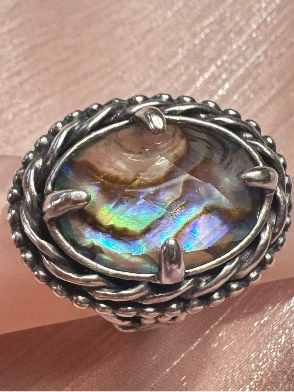 Iridescent Abalone Oval Statement Ring in Silver